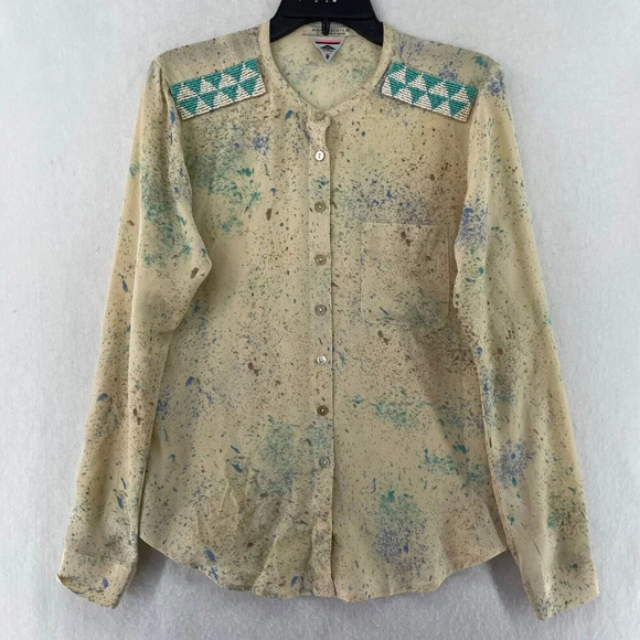 Maison Scotch Tops Womens Sz 2 Beige Green Abstract Long Sleeve Button Up Blouse - Picture 1 of 12